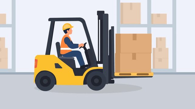 Logistics Operator Driving A Forklift And Transporting Cardboard Boxes On A Pallet Inside A Warehouse With Storage Shelves In The Background. Flat Design Animation