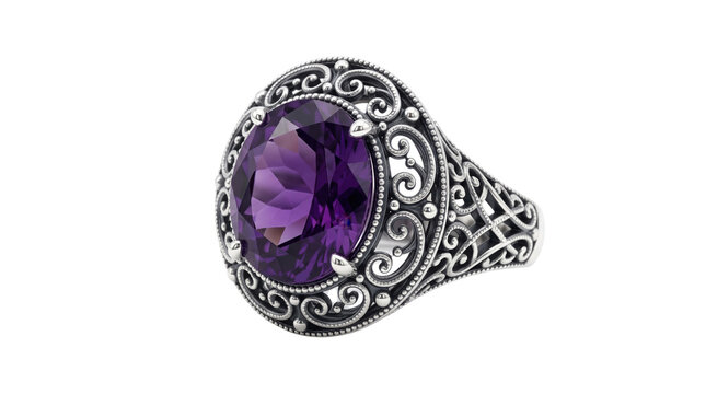 Vintage amethyst silver ring, antique filigree jewelry with purple gemstone, ornate victorian style sterling silver band isolated on white