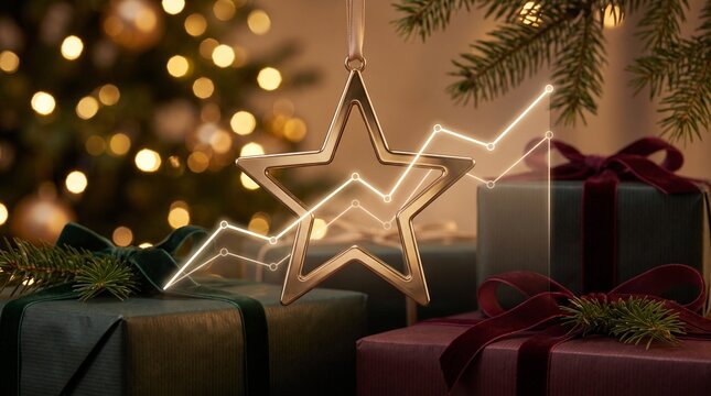 Elegant Christmas star ornament combined with a glowing performance graph, creating a sophisticated visual concept for holiday success, business growth and seasonal campaigns.