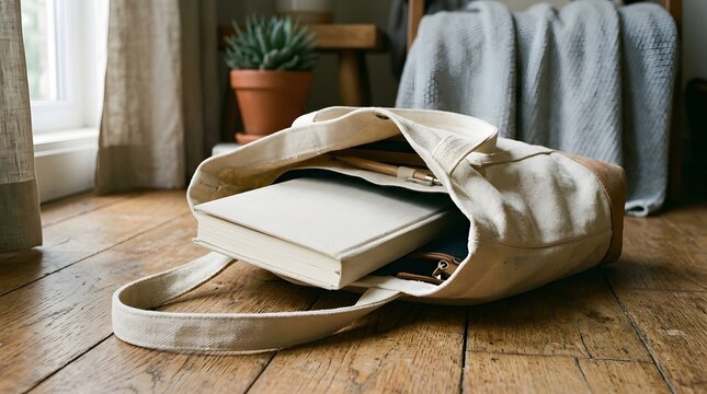 Beige tote bag with open book resting on wooden floor near natural light source