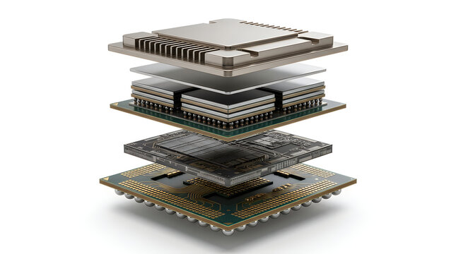 Microchip 3D render, layered processor architecture diagram illustrating modern semiconductor technology and hardware engineering.