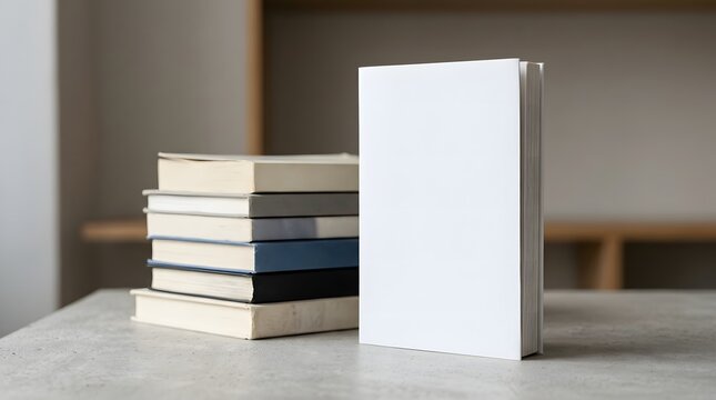 Stacked books and white tablet on minimalist workspace with clean copy space for branding