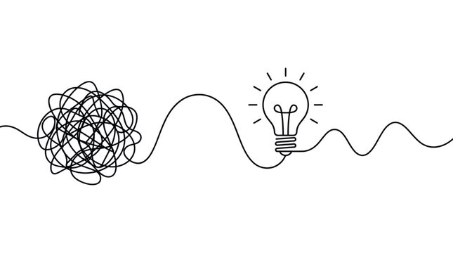 A conceptual linear illustration showing a tangled messy scribble line transforming into a clean glowing lightbulb representing problem solving and creative thinking