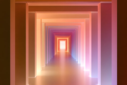 A simple geometric tunnel with gradually diminishing rectangular shapes, featuring a transition from warm to cool hues that culminates in a bright distant opening, evoking an impression of boundless d