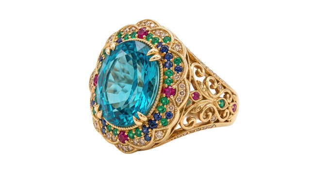 Vintage gold cocktail ring with large oval blue topaz, ornate filigree jewelry with ruby and emerald accents, luxury gemstone ring on white background