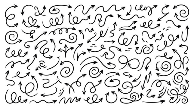 A large collection of handdrawn vector arrows with various styles and shapes for digital design and artistic infographic website elements
