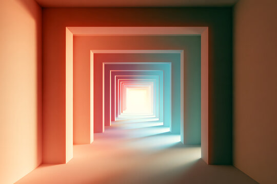 A minimalist geometric tunnel with receding rectangular frames, featuring a gradient of warm to cool colors leading to a bright distant opening, creates a sense of infinite depth.