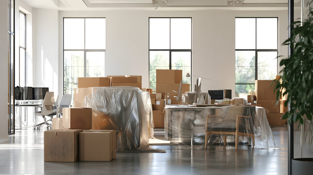 An area with gleaming contemporary office layout, cluttered with stacked cardboard boxes and furnished with movable pieces, becomes busy as items are being relocated under the illumination provided by