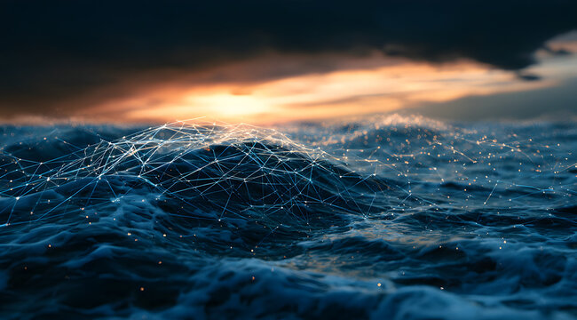 A digital ocean under sunset, with wave-like patterns covered in glowing, interconnected network lines and data points, symbolizing connectivity, data flow, technology, innovation, and digital transfo