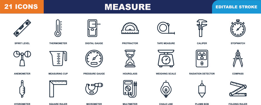 Collection of twenty-one measurement tools and precision instruments outline vector icons for engineering