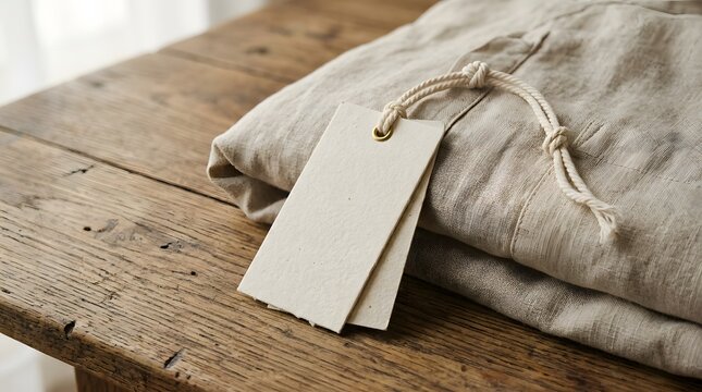 Blank paper price tag attached to folded linen fabric on a rustic wooden table