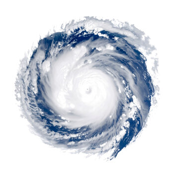 Hurricane cyclone storm rotating with massive white spiral clouds and deep blue center captured from satellite view in high resolution&nbsp;