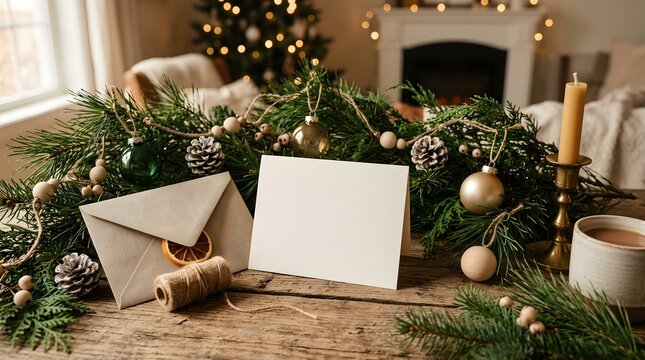 Blank greeting card with envelope on a festive table with pine branches