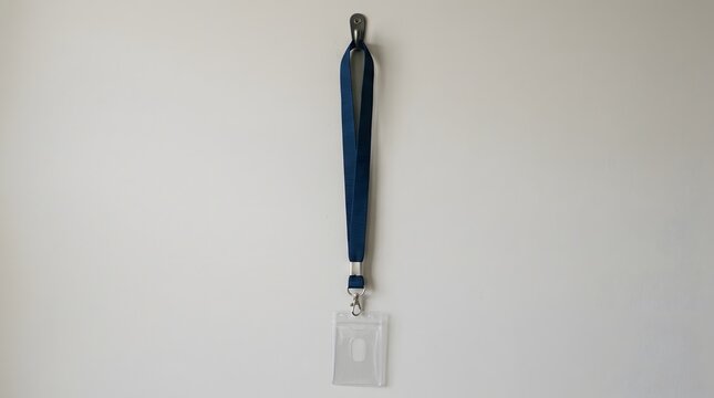 Blue lanyard with clear plastic ID badge holder hanging on a white wall