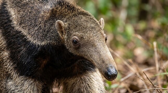 Close-up portrait of a giant anteater showing detailed coarse fur and long snout