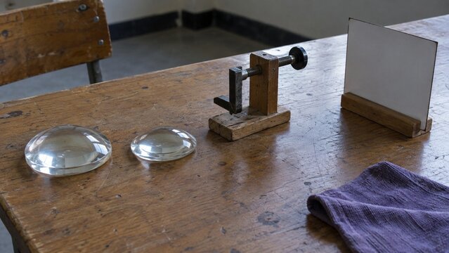 Two glass convex lenses and a wooden optical bench with a screw clamp sit on a worn wooden table beside a white card and a purple cloth