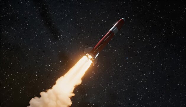 A powerful rocket launching into the night sky, leaving a trail of smoke and fire against a starry galaxy background.