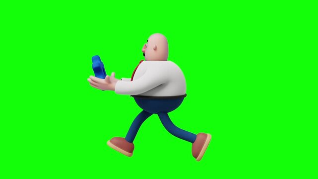 A 3D cartoon-style businessman is running while carrying a blue gear, viewed from the side (side view).