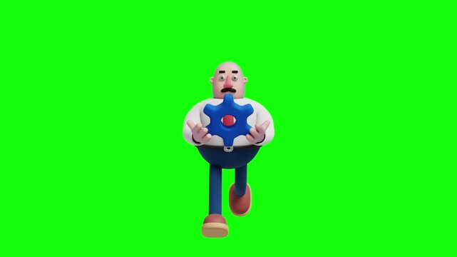 A 3D cartoon-style businessman is running while carrying a blue gear directly in front of him, viewed from the front (front view).