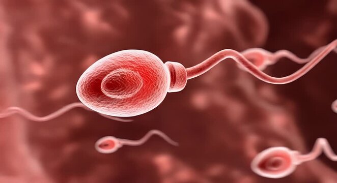 Sperm cells swimming in fluid. Microscopic view of human fertilization and reproduction.