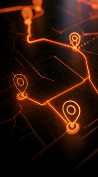 A luminous digital map showcases a neon orange pathway linking multiple marker dots on a dark grid backdrop, indicating navigation or tracking.