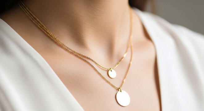 Gold necklace jewelry worn by a woman with a white shirt captured in a close up studio fashion photography shot