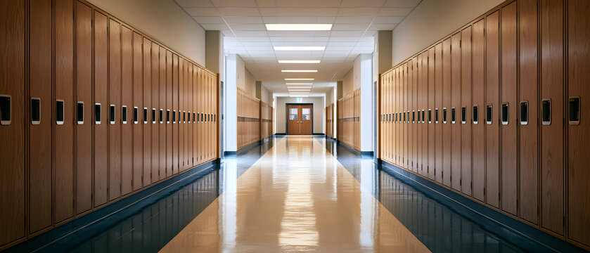 Rows of identical lockers gradually recede into the horizon of an empty school corridor
