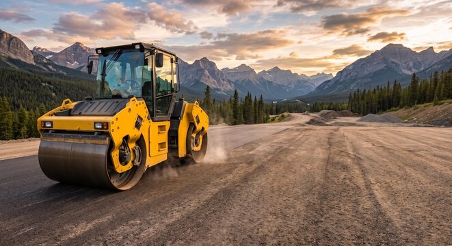 Yellow tandem roller compacting road surface in scenic mountain landscape