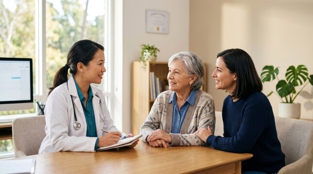 Woman doctor consulting senior patient and her daughter in bright clinic office. Asian physician with stethoscope taking notes during friendly medical visit.