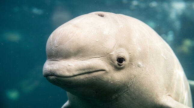 Beluga whale close-up portrait in blue underwater environment
