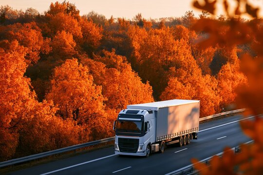 Truck drives along highway surrounded by autumn trees in a rural area during sunset