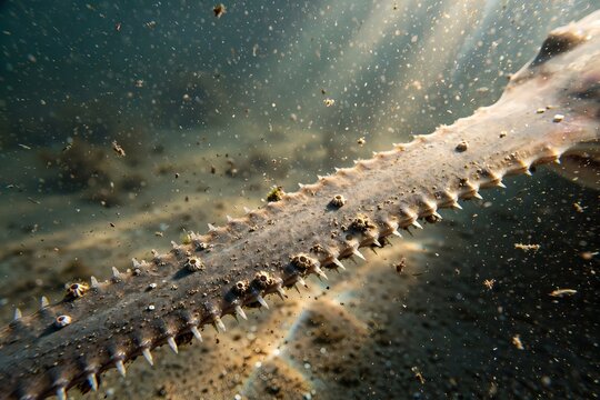 Close up of a sawfish rostrum covered with barnacles underwater, detailed view of toothed snout illuminated by sun rays in the ocean
