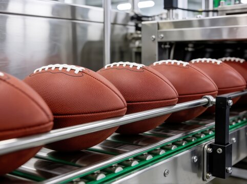A line of brown leather balls moving along a modern industrial conveyor belt in a factory setting.