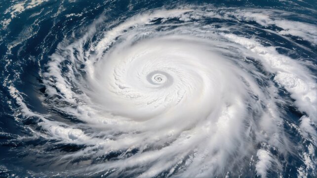 An aerial view of a massive, swirling tropical cyclone over the open, deep blue ocean waters.