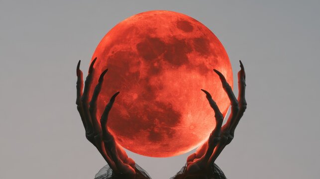 Bony pale hands of sexy woman vampire with sharp bloody red nails rising out from the ground,Halloween grave crosses,zombies at night,creepy hand coming out of the ground,halloween concept.