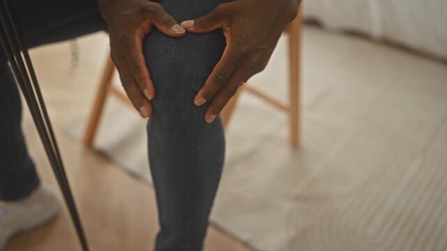 Man holding knee with both hands, pressing over kneecap while seated on wooden chair beside rug and cane in building; discomfort recovery.