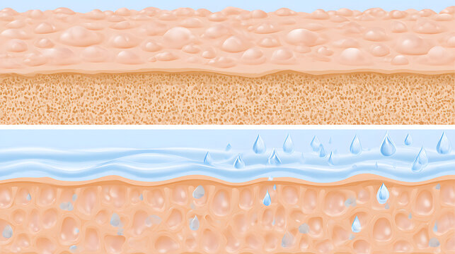 A diagram showing the cross-section of dry skin cells with moisture droplets, compared to hydrated skin cells showing deeper absorption.