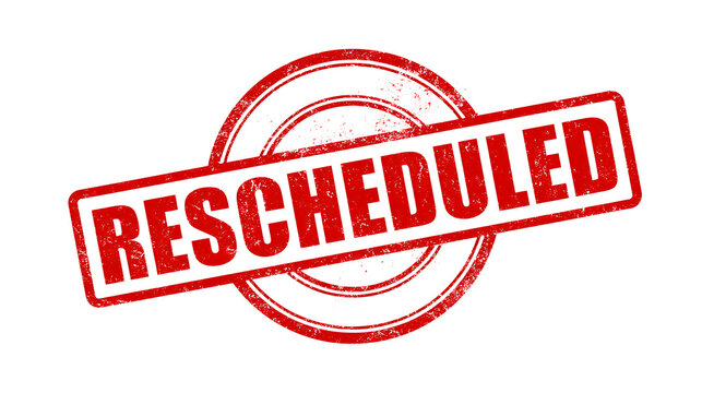 Red grunge rubber stamp with the text "rescheduled" isolated on a white background, representing event postponement, calendar change, and delay
