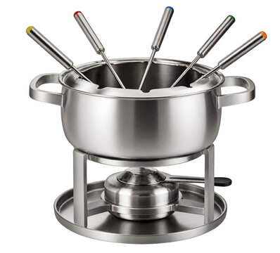 Fondue pot with compact metal vessel and support stand isolated on transparent background