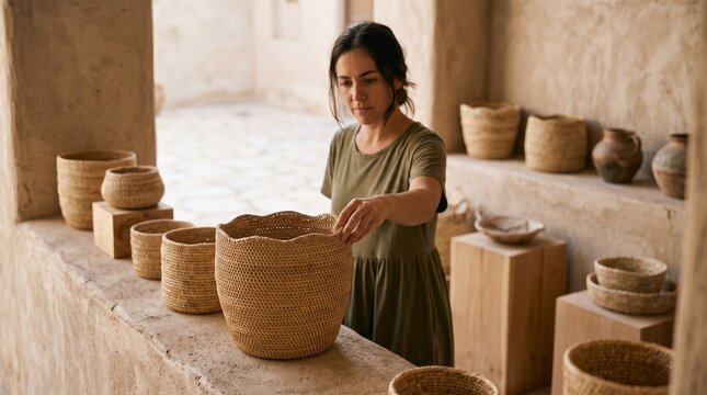 Retail curator selects reed planters from an artisan display
