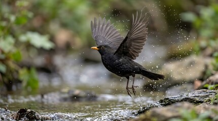 Fototapeta premium Black bird splashing in water during bathing action in forest