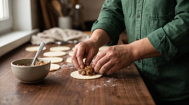 Hands portion filling for handmade Mongolian buuz dumplings