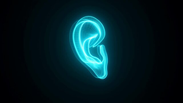 Glowing wireframe ear isolated on black background for hearing and sound concepts