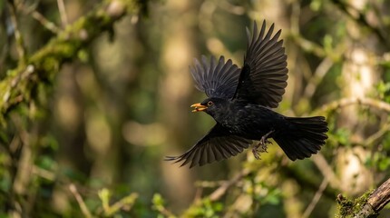 Fototapeta premium Black bird in flight with wings spread in a lush green forest