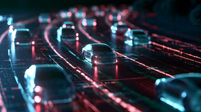 Digital cars displayed on an intelligent road interface, representing connected vehicles and autonomous mobility for smart transportation systems