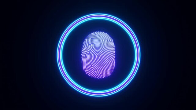 Glowing digital fingerprint with neon circular outline on dark blue background