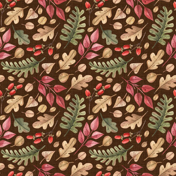 Seamless watercolor pattern with autumn leaves and red berries on a dark brown background
