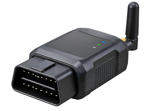 IoT vehicle diagnostic adapter with compact connector housing and wireless module isolated on transparent background