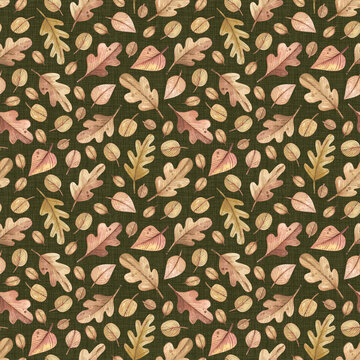 Seamless watercolor pattern with scattered autumn leaves in beige and pink tones on a dark green background