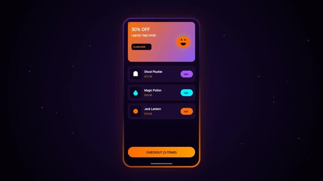 Halloween mobile app interface showing spooky deals and pumpkin icon on a dark smartphone display for seasonal ecommerce marketing